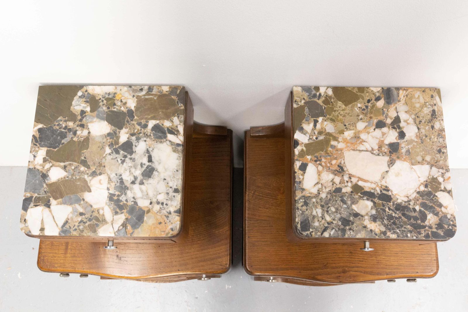 photo vinterior French Pair Of Nightstands Side Cabinets Bedside Oak &Marble Top Midcentury