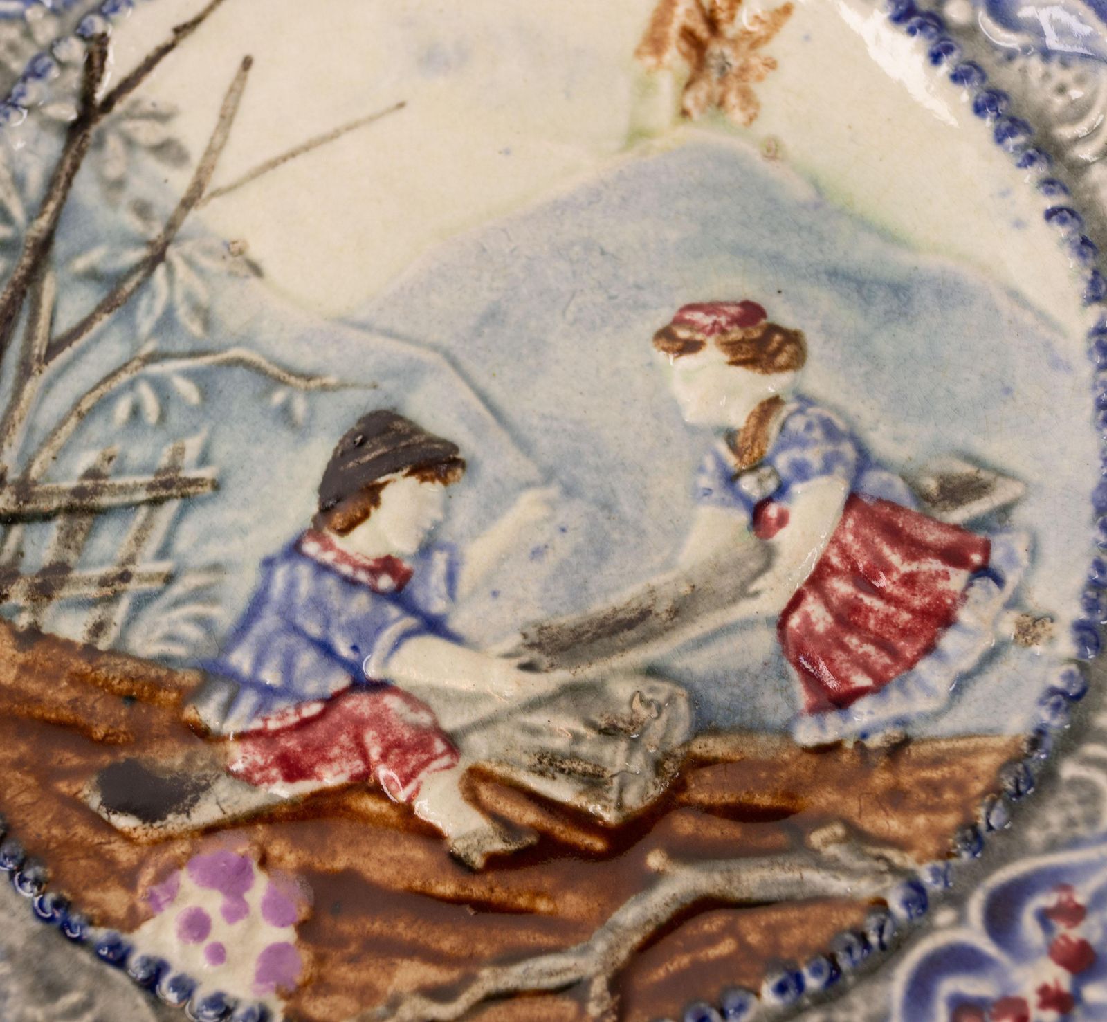 Plate With Faience Plate With Children Playing Swing Walmuel, Belgium, 19th C photo for sale