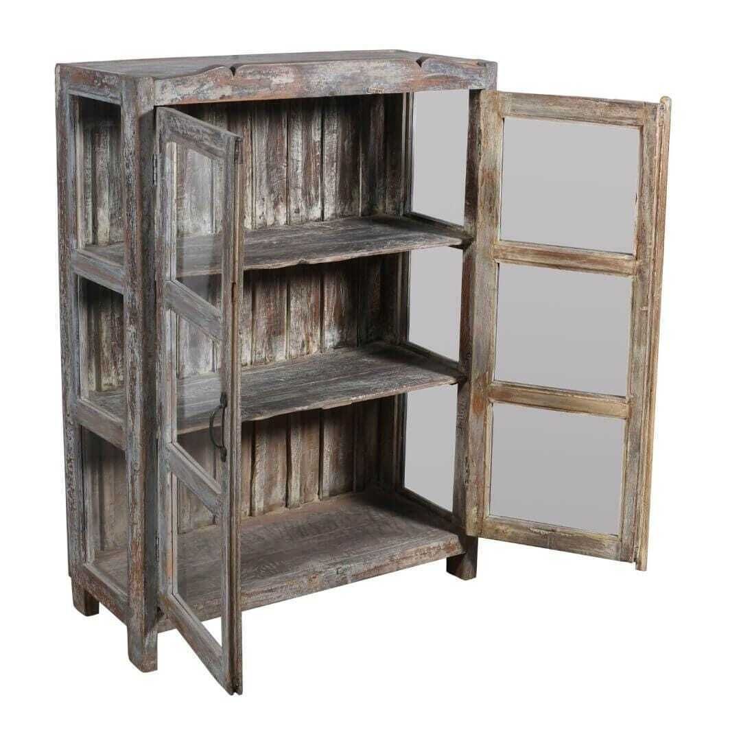 Antique Indian Teak Wood 3 Sided Glass Almirah   1930s Display Cabinet photo furniture