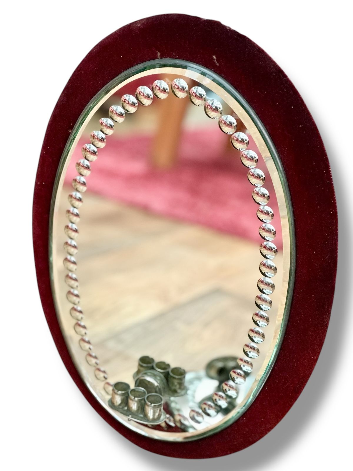 Pair 19th Century Irish Sorcerers Mirrors With Candle Sconces In Red Velvet Frame photo for sale