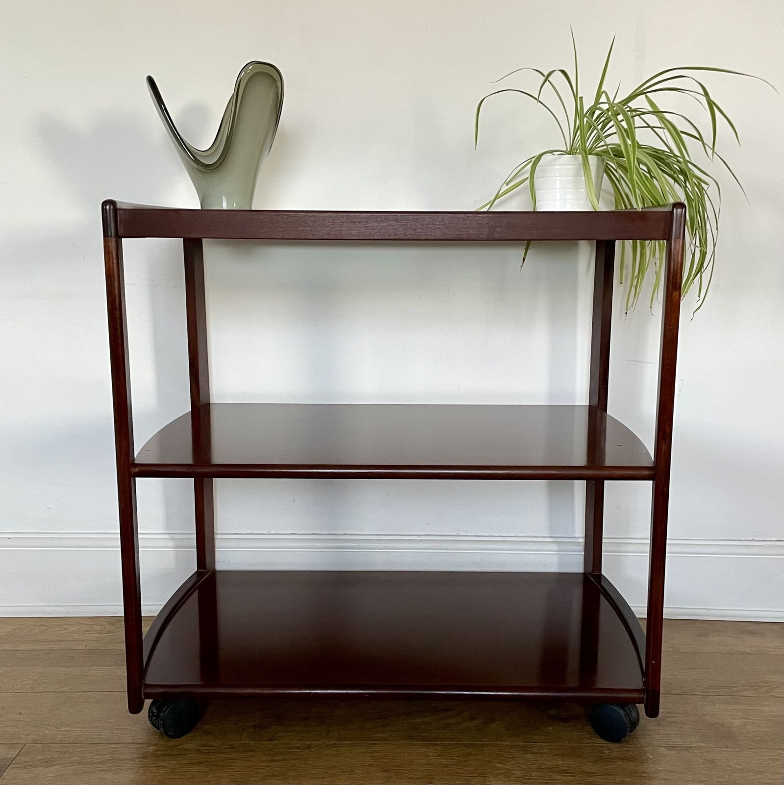 Mid Century Mahogany Glazed  Serving Cart On Danish Kevi Castors photo 165.0