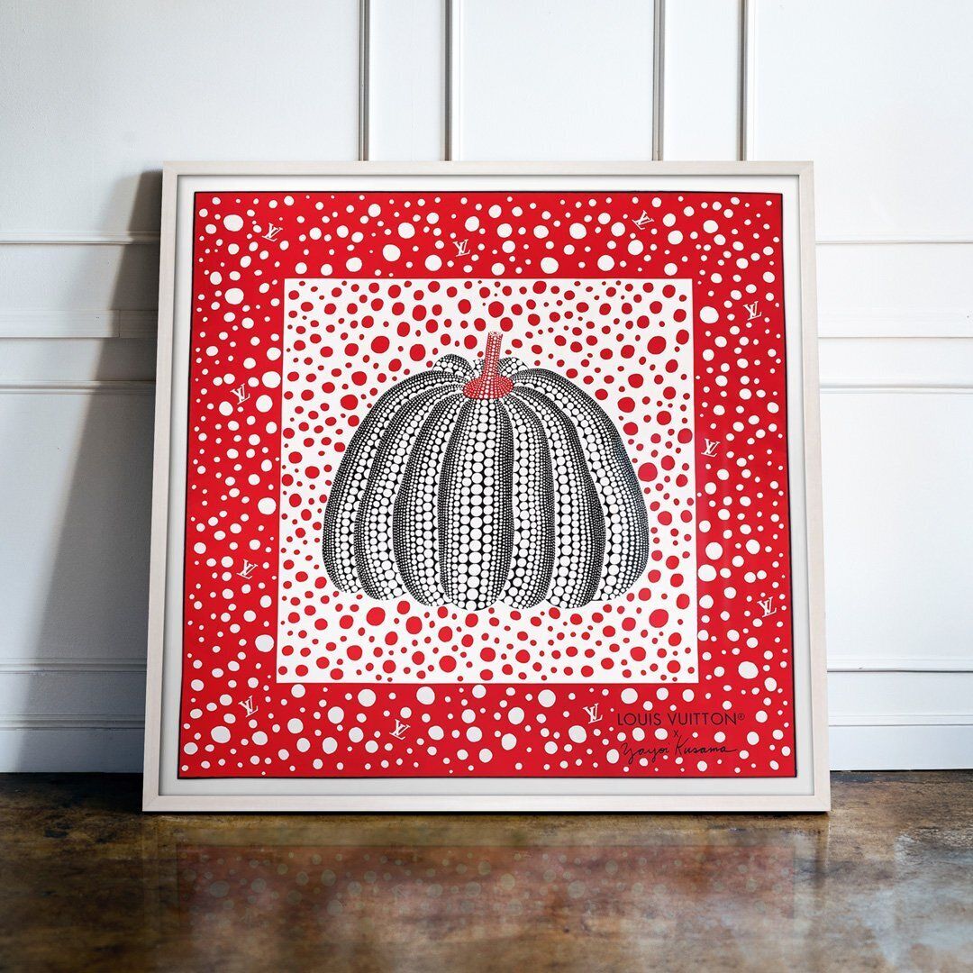 Louis Vuitton X Yayoi Kusama, Infinity Dots Pumpkin, Red & Black, 90cm, Framed Silk Scarf photo furniture