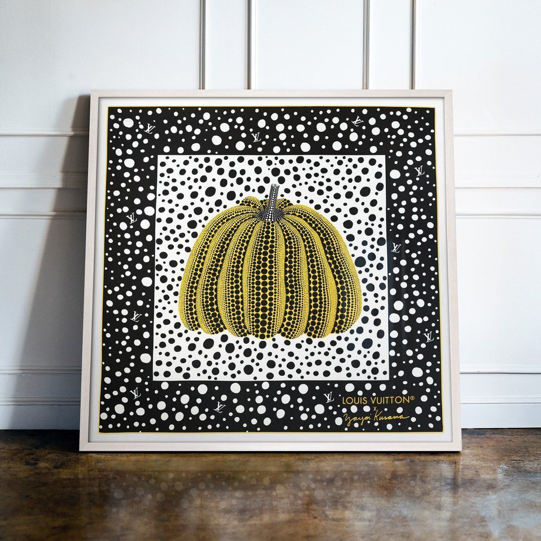 Louis Vuitton X Yayoi Kusama, Infinity Dots Pumpkin, Yellow & Black, 90cm, Framed Silk Scarf photo furniture