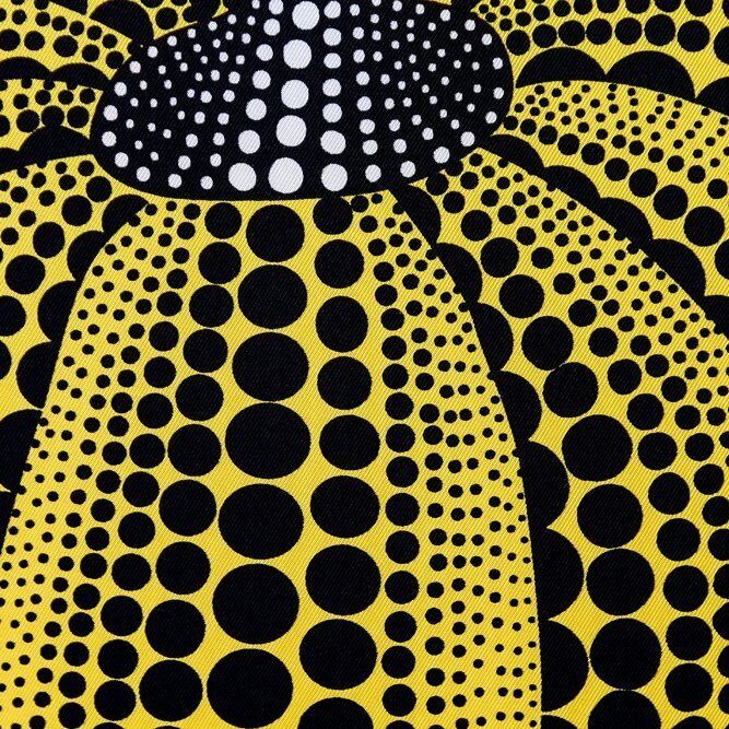 Louis Vuitton X Yayoi Kusama, Infinity Dots Pumpkin, Yellow & Black, 90cm, Framed Silk Scarf photo vinterior