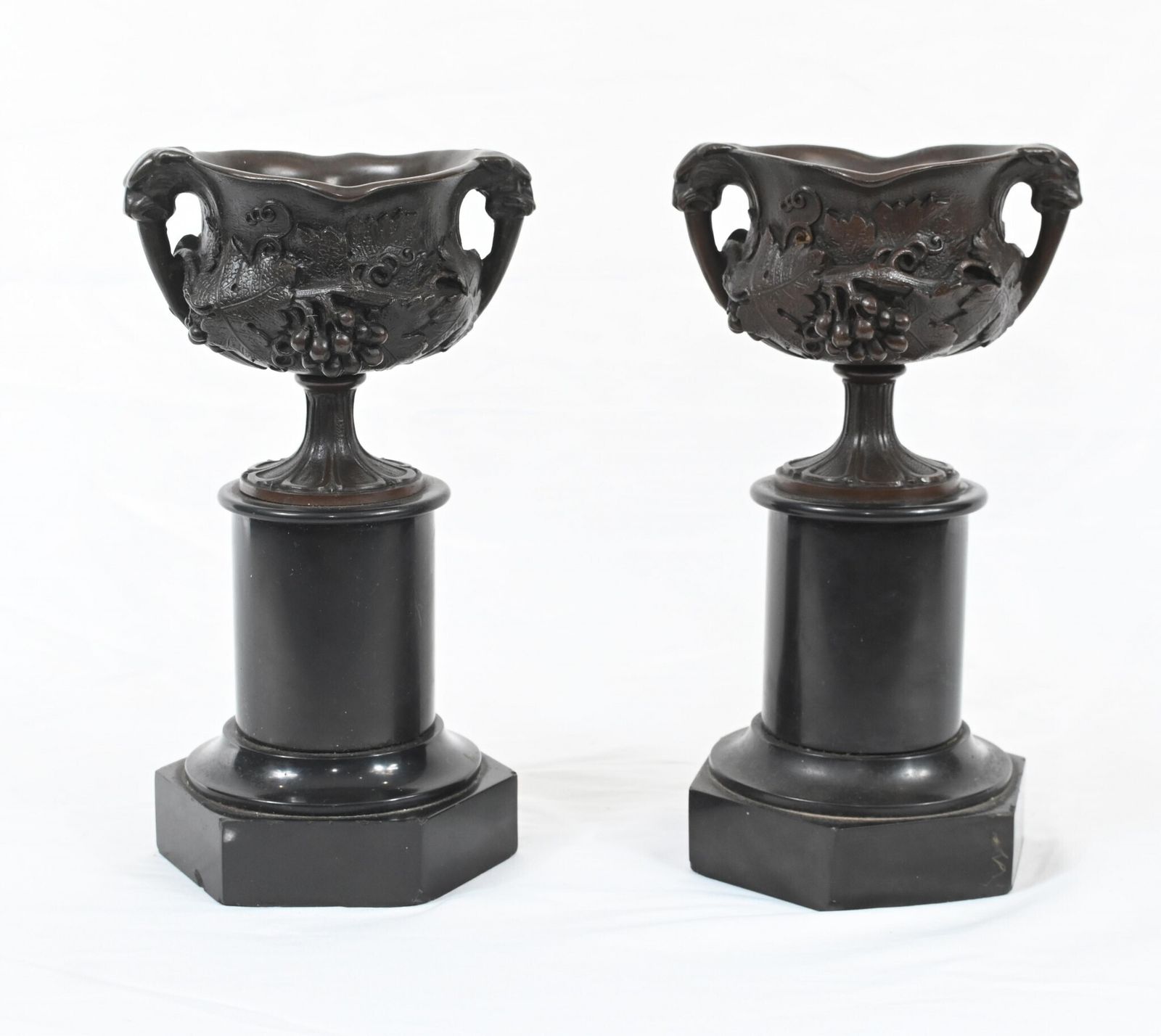 Pair Bronze Grand Tour Urns On Stands Marble Pedestal 1880