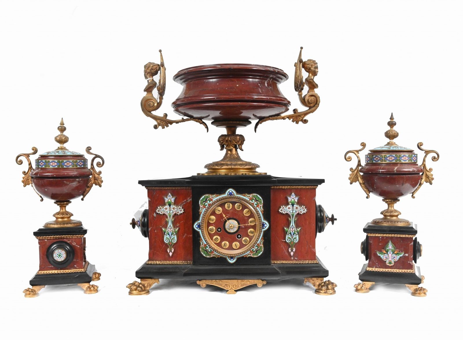French Cloisonne Marble Clock Set Garniture Marble Aesthetic Movement photo for sale