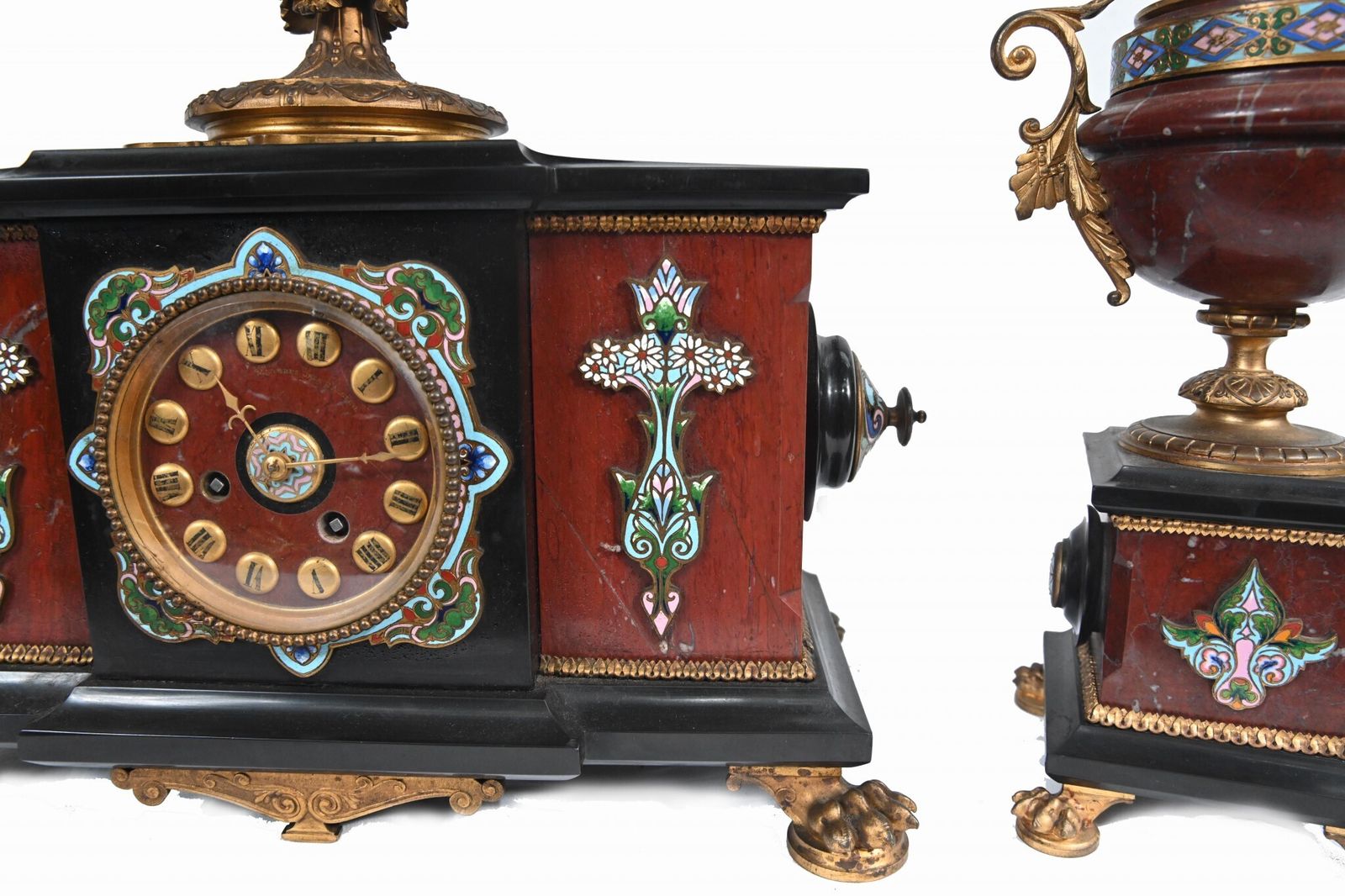 French Cloisonne Marble Clock Set Garniture Marble Aesthetic Movement photo 3500.0
