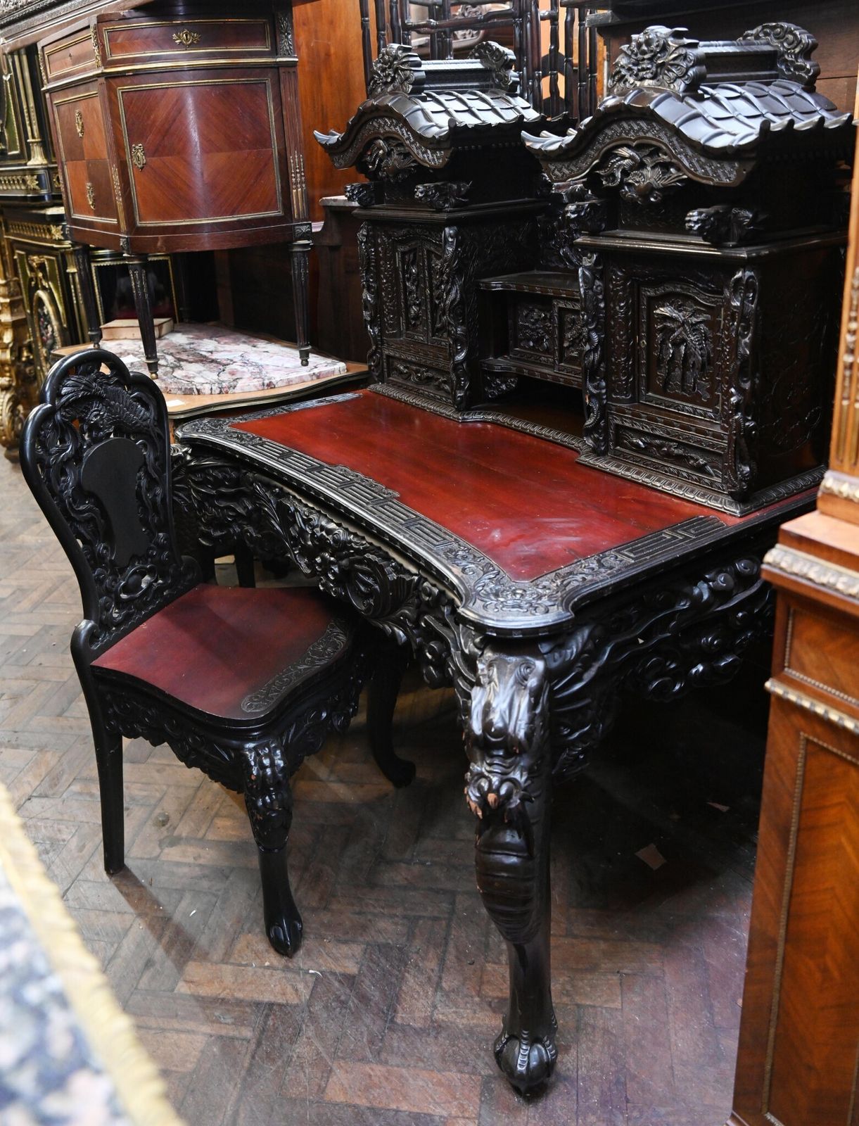 Japanese Carved Desk And Chair Set Hardwood Meije