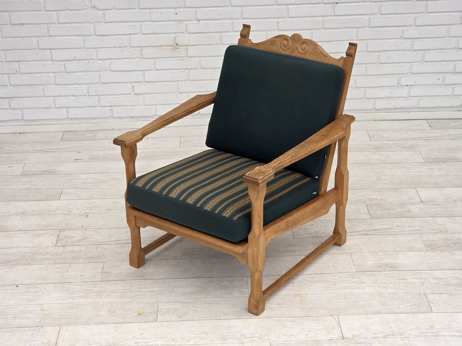 photo for sale 1970s, Scandinavian Lounge Chair, Green Furniture Wool, Solid Oak Wood.