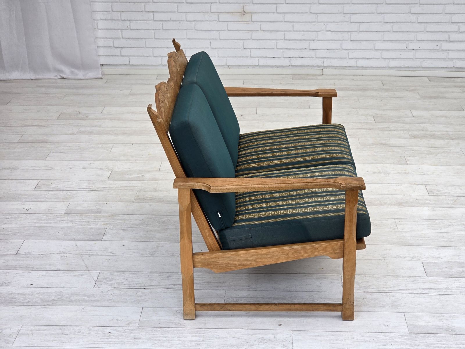 Furniture 1970s, Scandinavian 2 Seater Sofa, Furniture Wool, Solid Oak Wood. photo