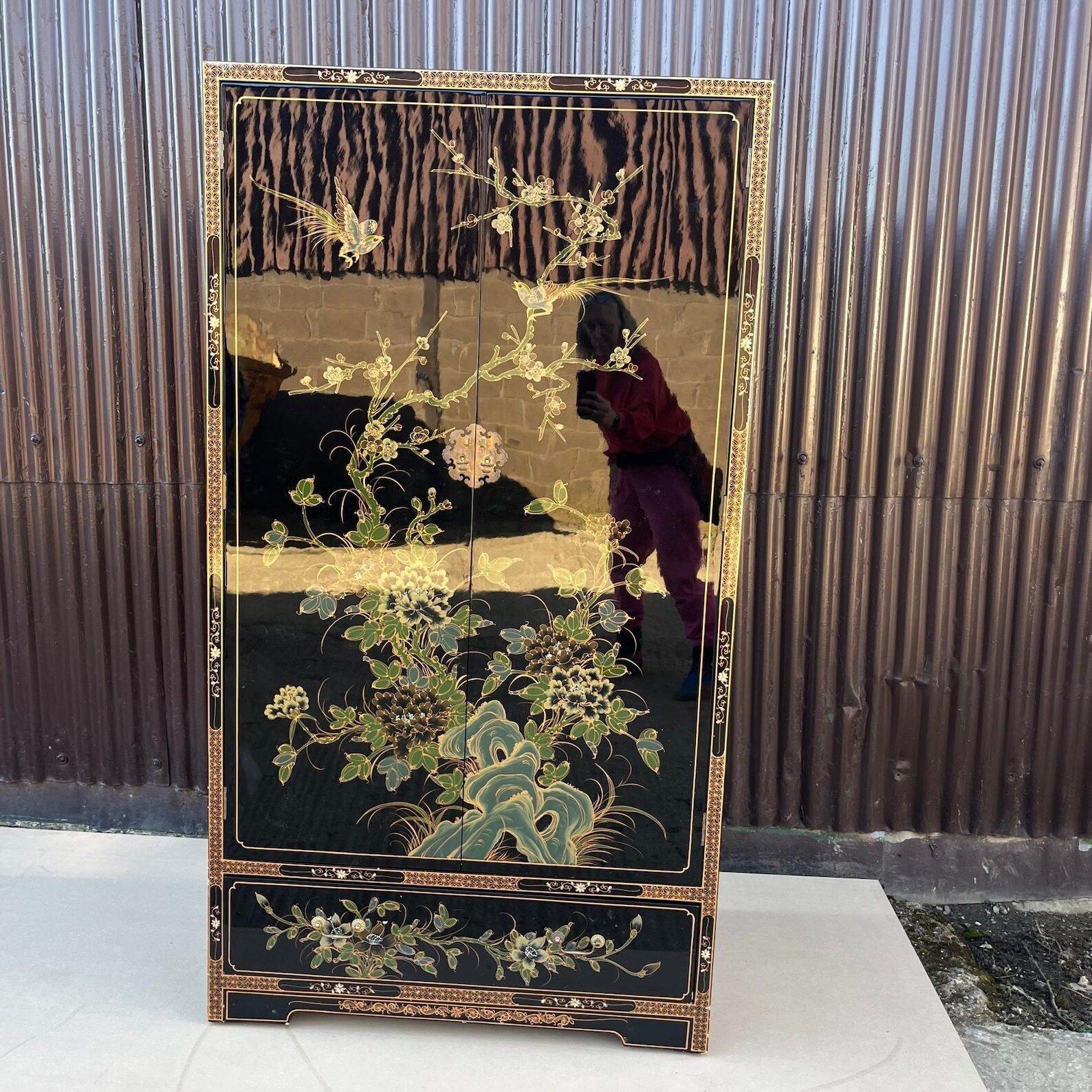 Black Lacquered Chinoiserie Wardrobe With Drawers