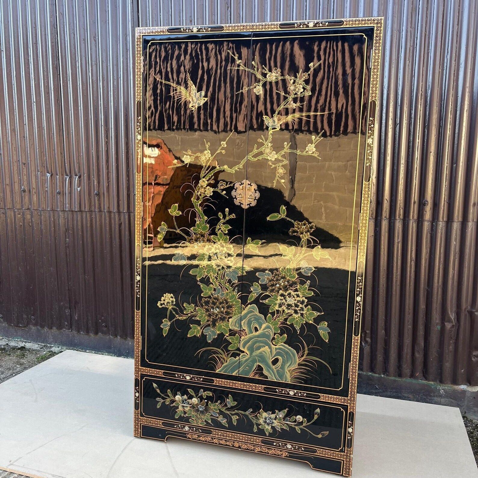 Black Lacquered Chinoiserie Wardrobe With Drawers photo for sale