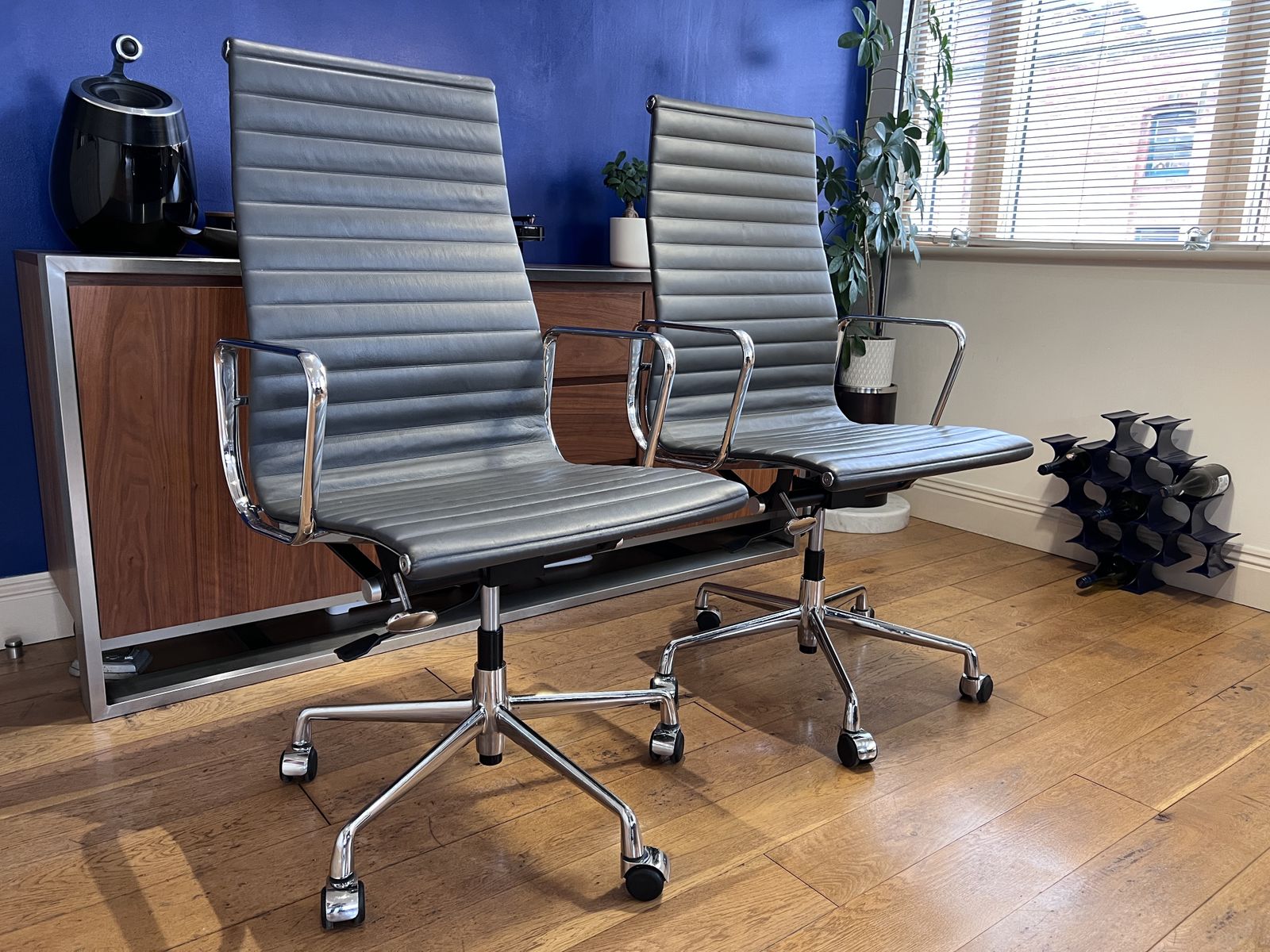 Vintage Eames Icf Ea119 Grey Leather Swivel Chrome Office Chair (2 Available) photo vintage