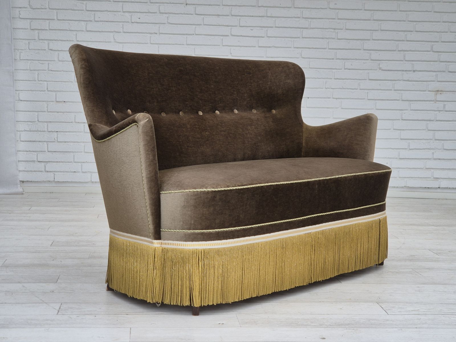 1960s, Danish 2 Seater Sofa, Green Furniture Velour, Original Condition. photo vintage