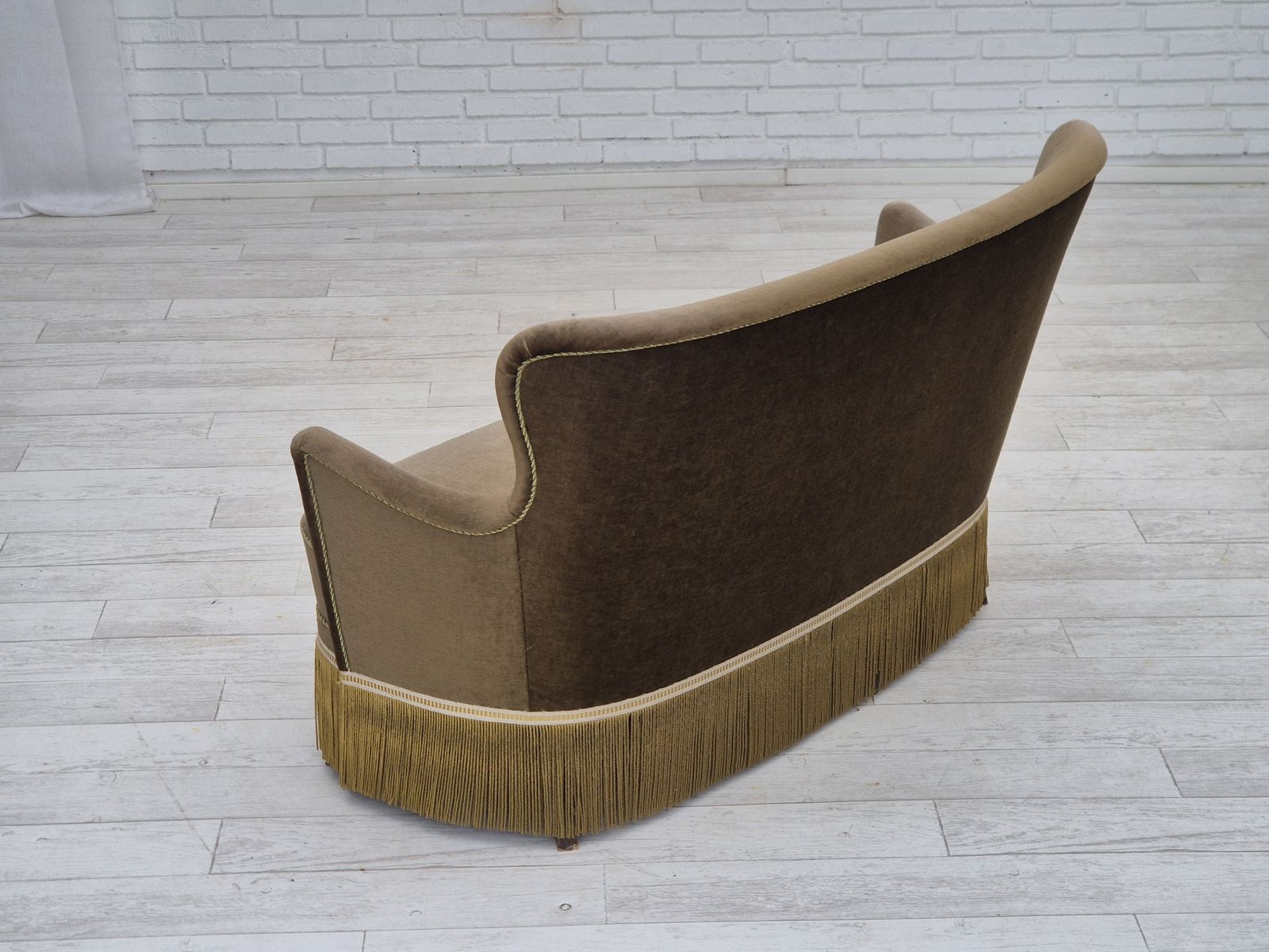 photo furniture 1960s, Danish 2 Seater Sofa, Green Furniture Velour, Original Condition.