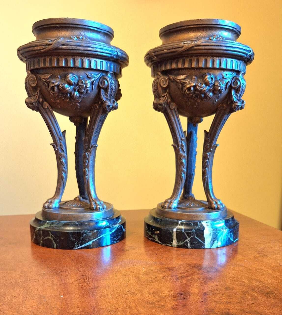 Antique Pair Of French Gilt Bronze Green Marble Cassolettes Mantel Urns