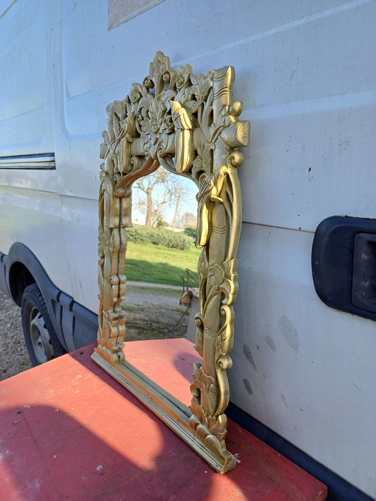 photo for sale Gilded Wood Mirror, Decorated With Sculpted Birds, Height: 89 Cm, Length And Width: 61 Cm By 6 Cm, Weight: 6 Kg, Very Good Condition,