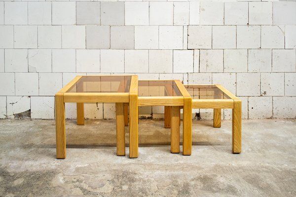 Nesting Tables In Wood And Glass, 1970s, Set Of 3