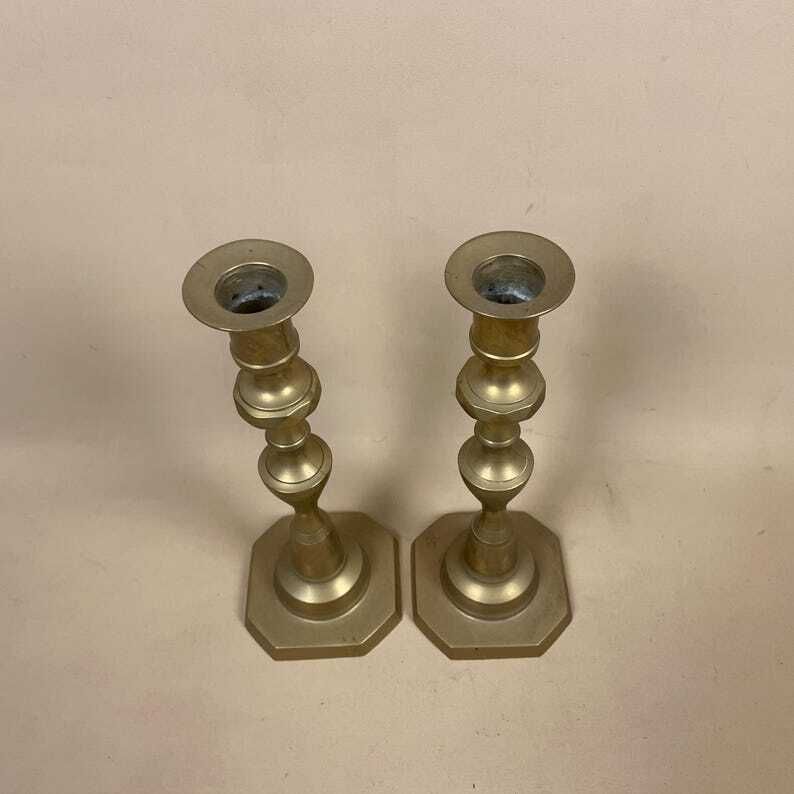 Antique Matching Pair Of Gold Brass Metal Candlestick Candle Stick Vintage Column Taper Dinner Candlesticks Base Pillar photo for sale