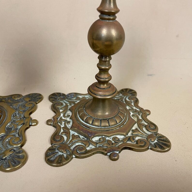 Antique Matching Pair Of Gold Solid Brass Metal Candlestick Candle Stick Vintage Column Taper Dinner Candlesticks Square Base Pillar Ornate photo vinterior