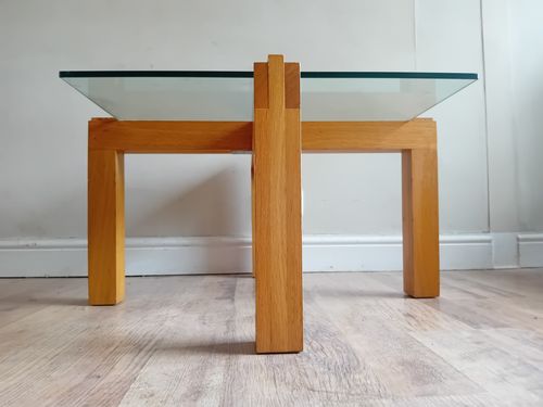 photo furniture Contemporary French Tempered Glass And Solid Oak Drinks /Coffee Table Of Quality