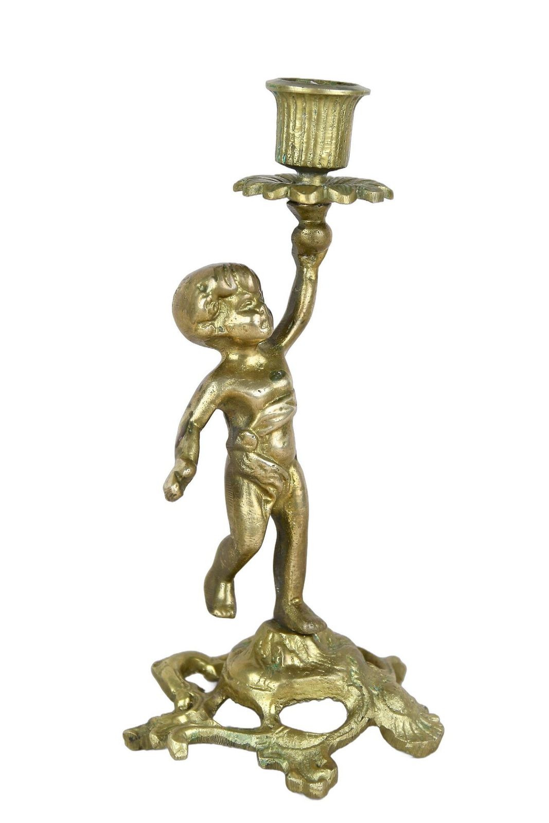 19th Century Sculptural Firegilt Baroque Revival Brass Candleholder, At Ca. 1880