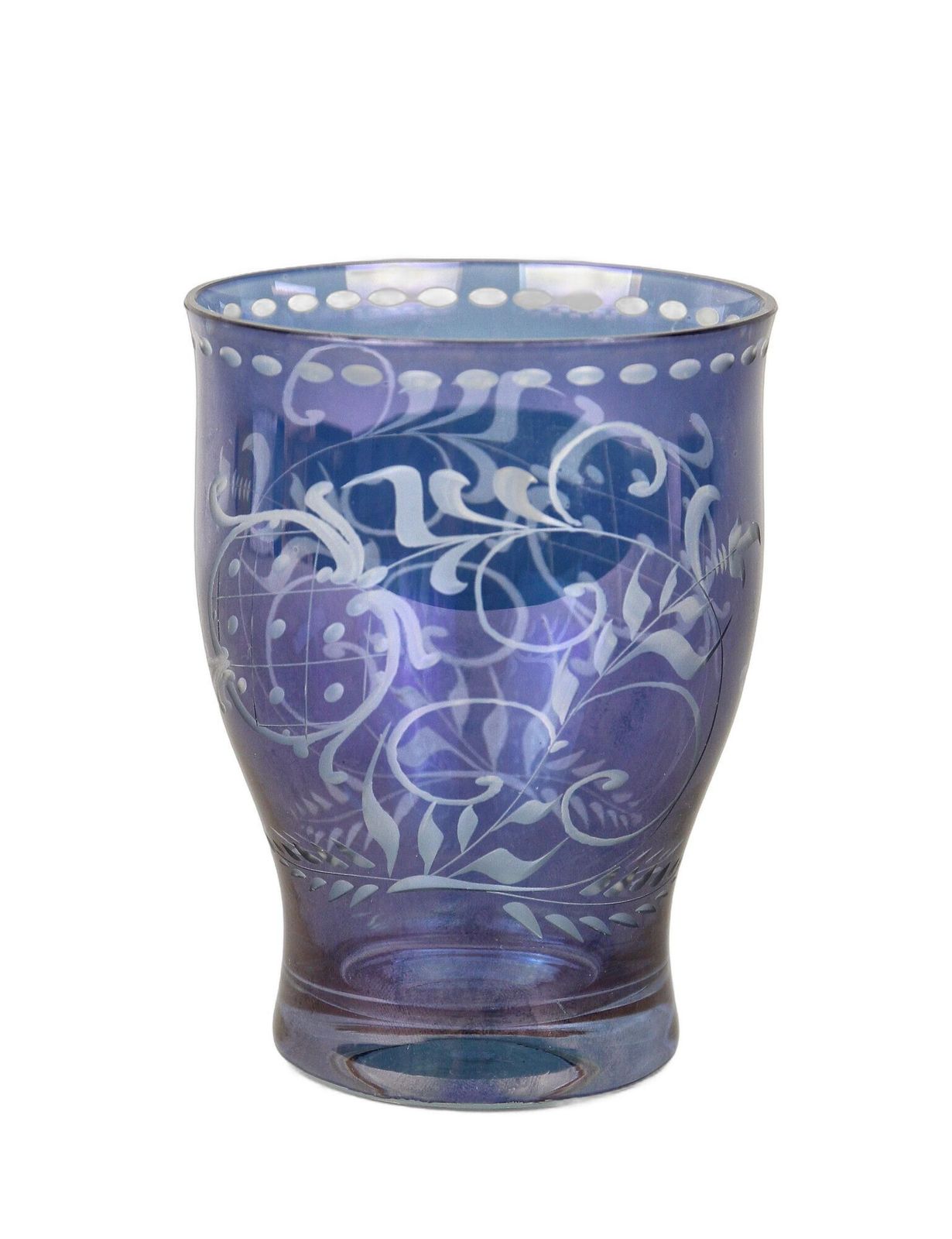 20th Century Purple/ Blue Iridescent Glass Vase/ Tumbler, Engraved, Cz Ca. 1920