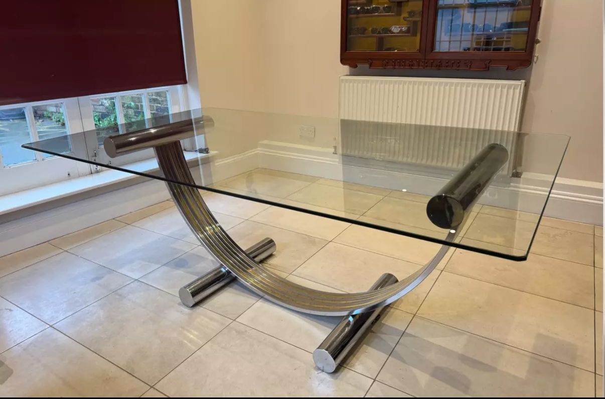 Chrome & Brass Glass Arch Vintage Table By Renato Zevi photo vinterior