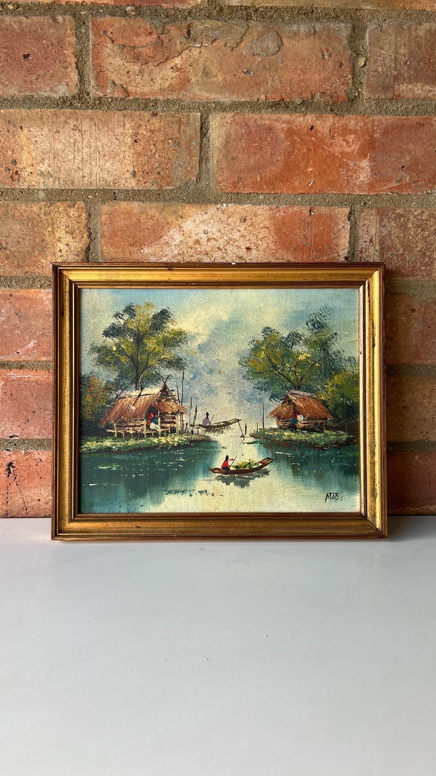 Mid Century Signed Oil Painting – Tranquil Riverside Scene photo furniture
