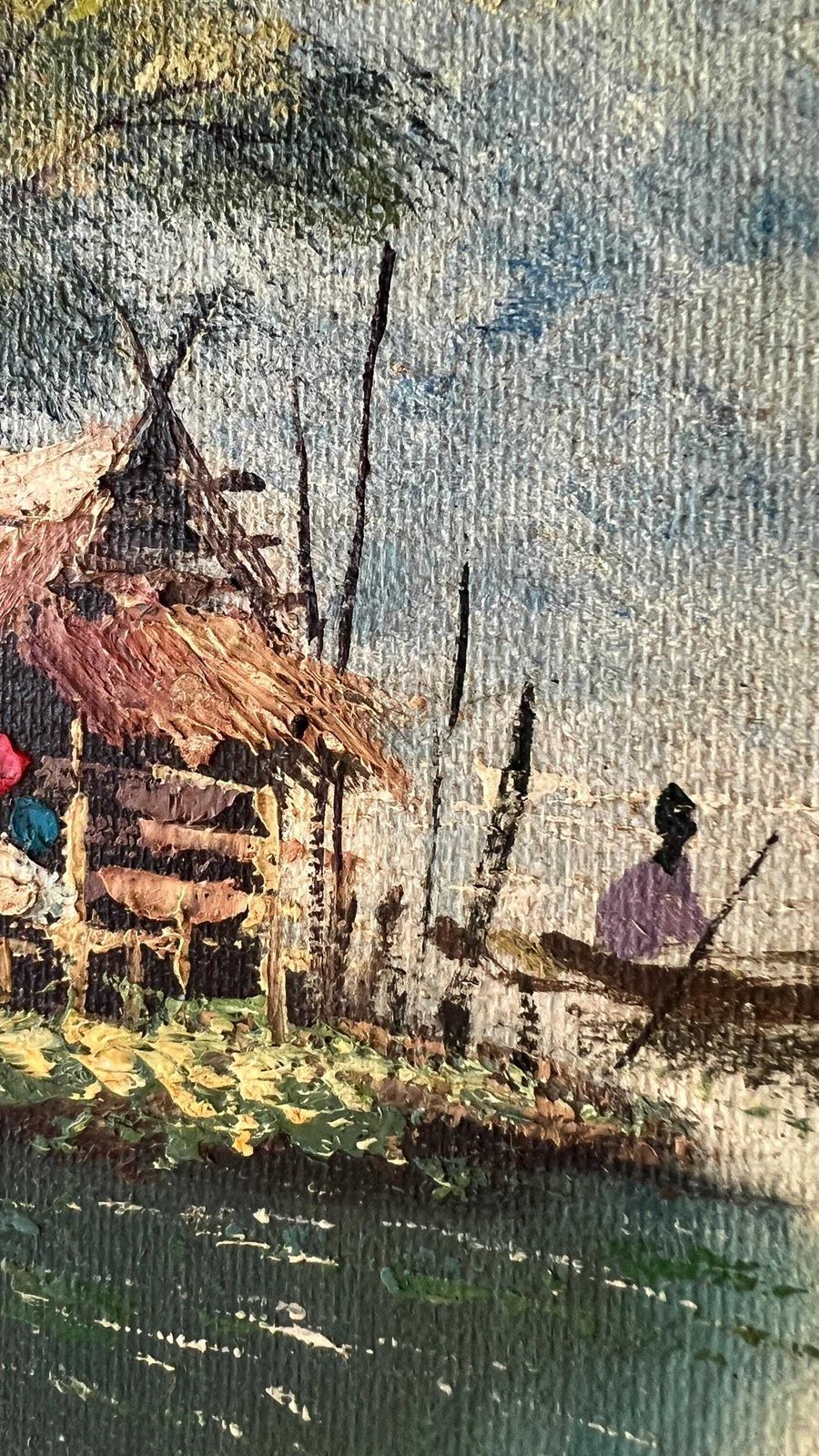 Mid Century Signed Oil Painting – Tranquil Riverside Scene photo vinterior