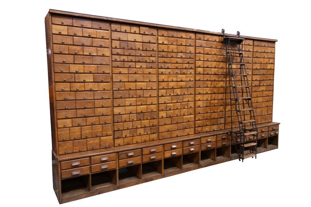 Vintage Shop Haberdashery Cabinet With Rolling Ladder