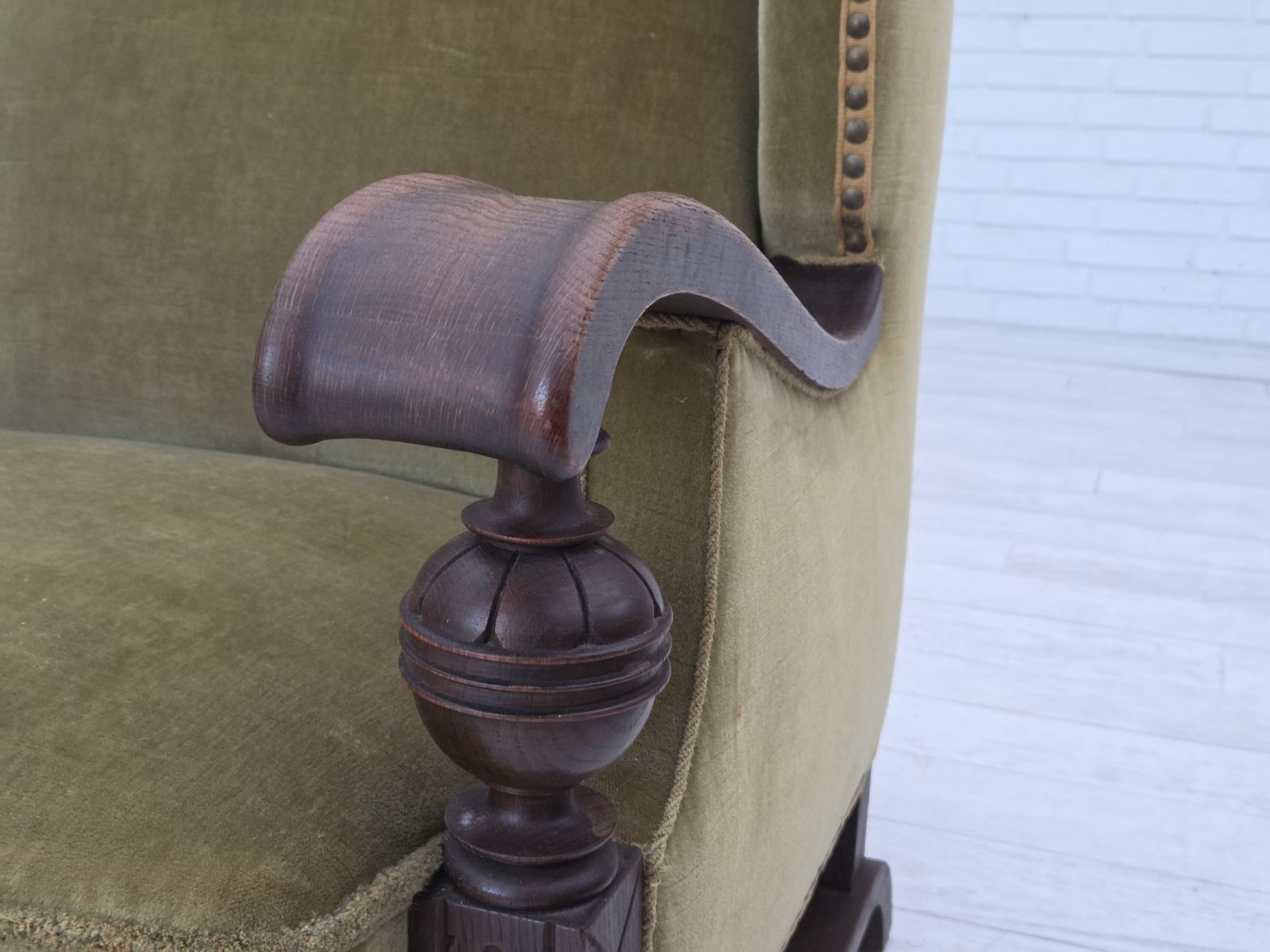 1950s, 3 Seater Danish Sofa, Original Condition, Furniture Velour, Solid Oak Wood. photo furniture