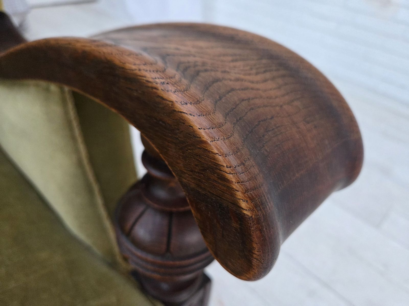 1950s, 3 Seater Danish Sofa, Original Condition, Furniture Velour, Solid Oak Wood. photo vintage