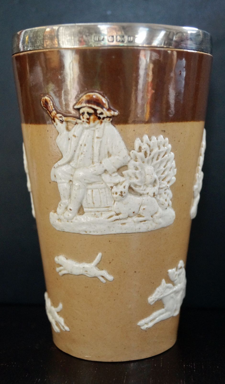 Antique Royal Doulton Harvest Hunt Beaker With Silver Rim