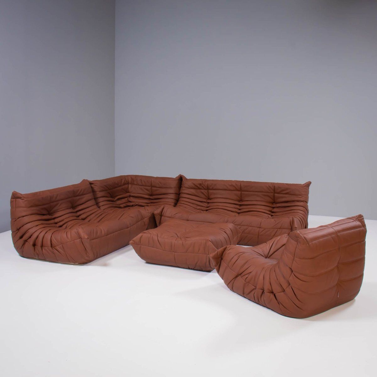 Ligne Roset By Michel Ducaroy Togo Brown Leather Modular Sofa And Footstool, Set Of Five photo vinterior