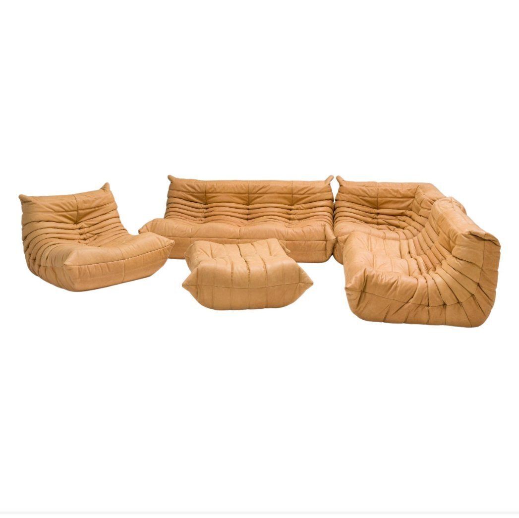Ligne Roset By Michel Ducaroy Camel Brown Leather Togo, Set Of Five