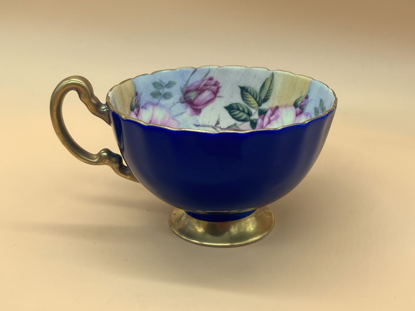Aynsley China Cabbage Rose Cobalt Blue And Gold Footed And Fluted Cabinet Tea Cup & Saucer Duo. photo vintage