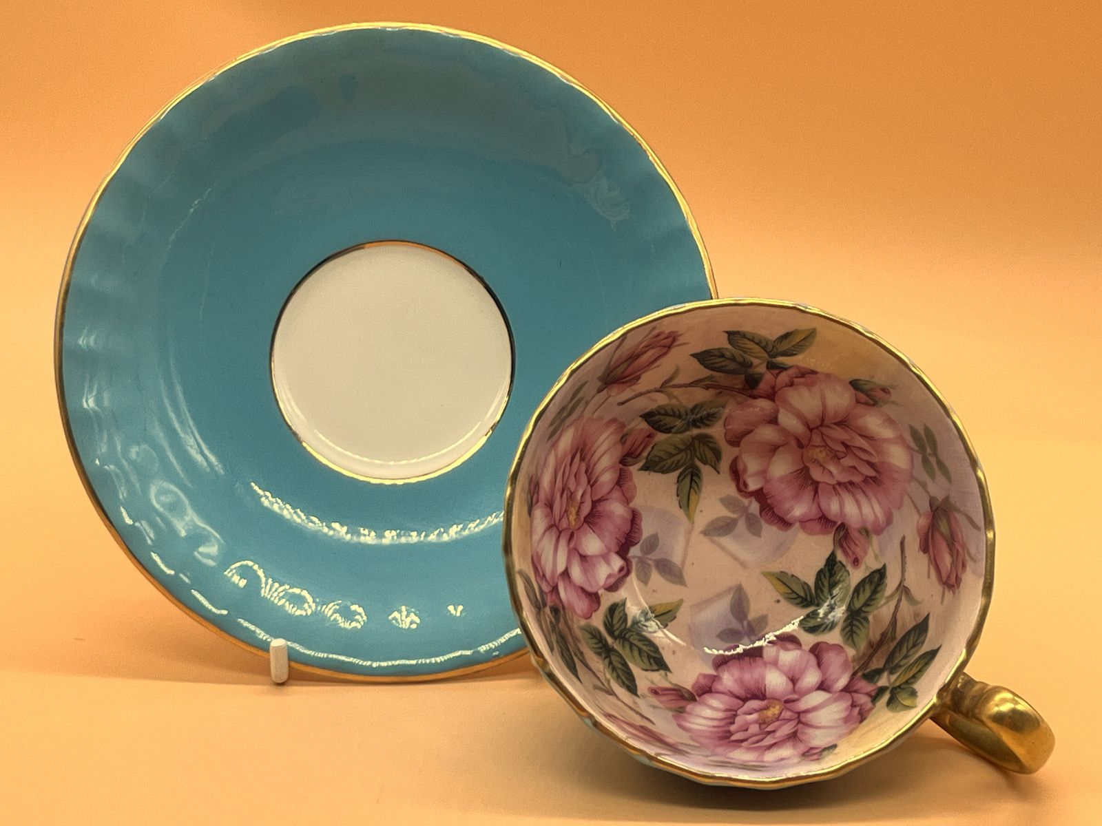 Aynsley China Cabbage Rose Oban Shape Turquoise And Gold Footed And Fluted Cabinet Tea Cup & Saucer Duo. 1031. photo Home Decor