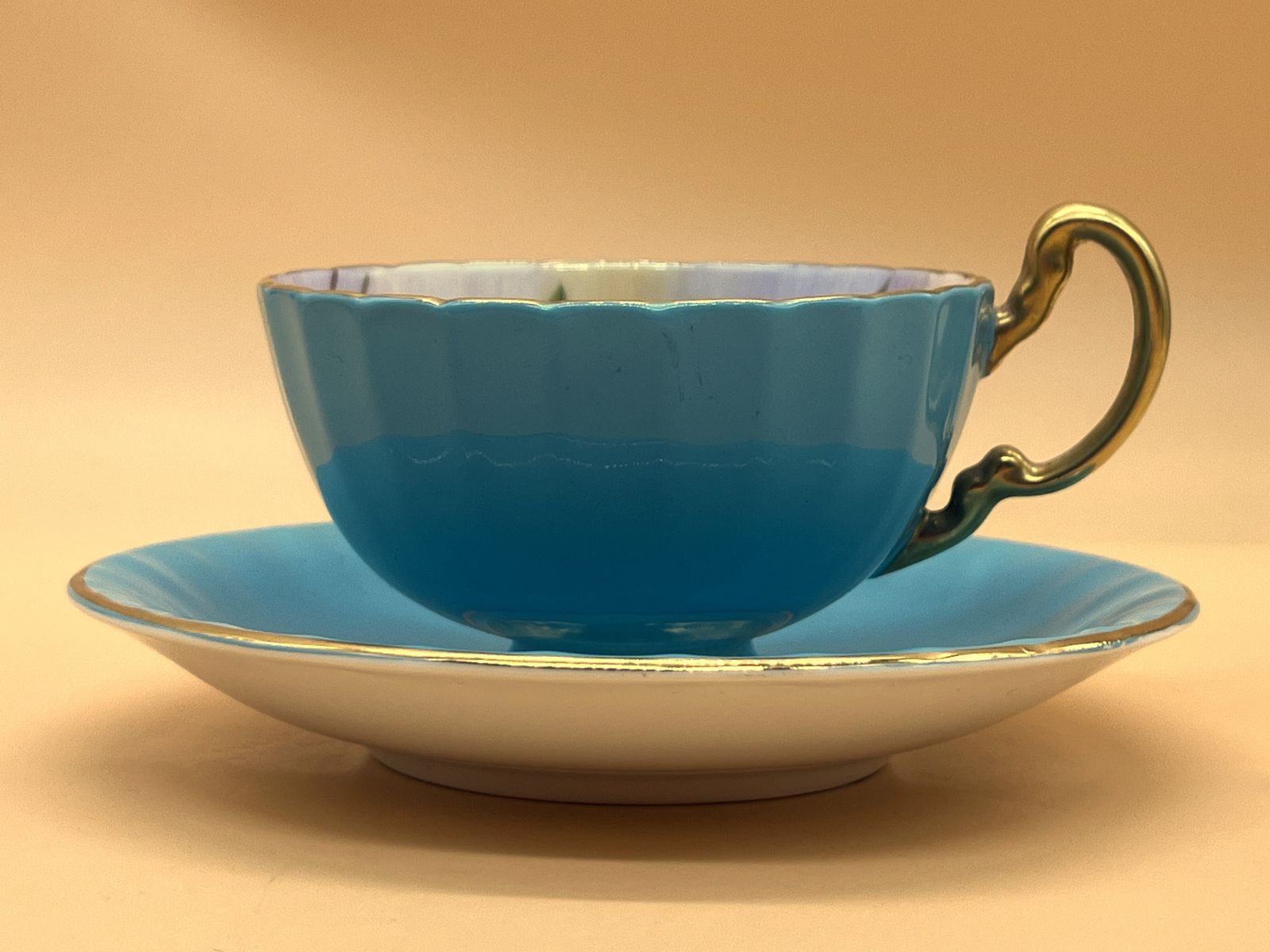 Aynsley China Cabbage Rose Oban Shape Turquoise And Gold Footed And Fluted Cabinet Tea Cup & Saucer Duo. 1031. photo vinterior