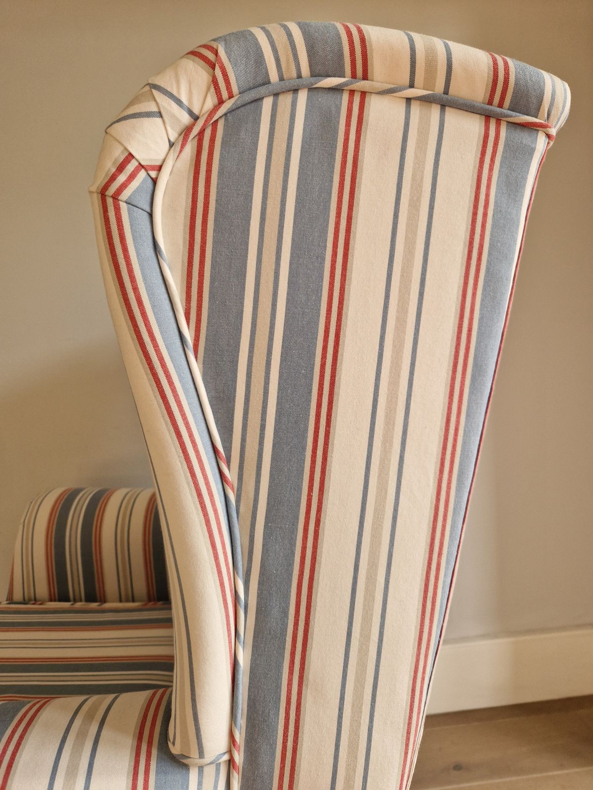 Exquisite Wingback Armchair In Jane Churchill Red And Blue Stripes photo for sale