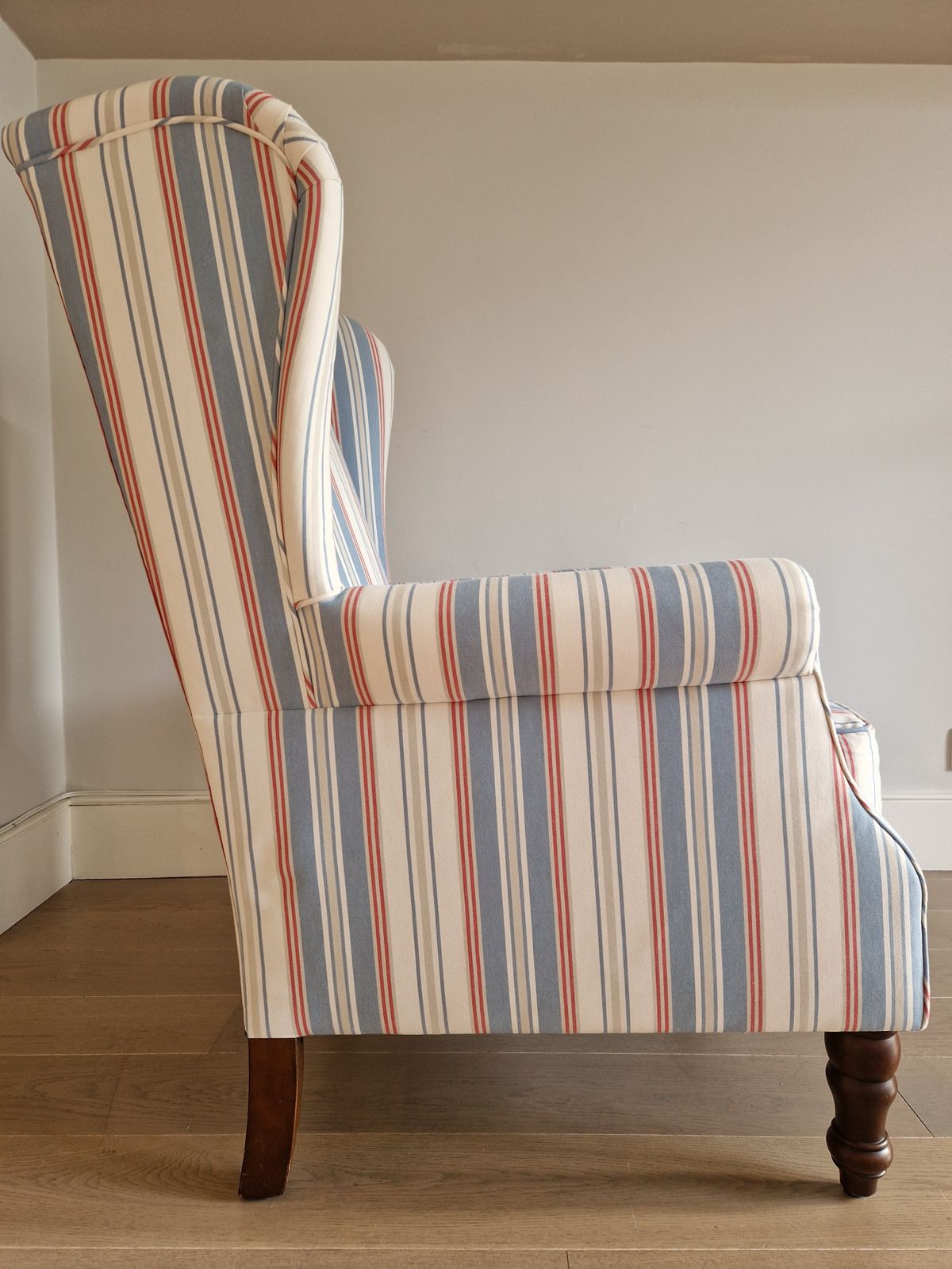 Exquisite Wingback Armchair In Jane Churchill Red And Blue Stripes photo vintage
