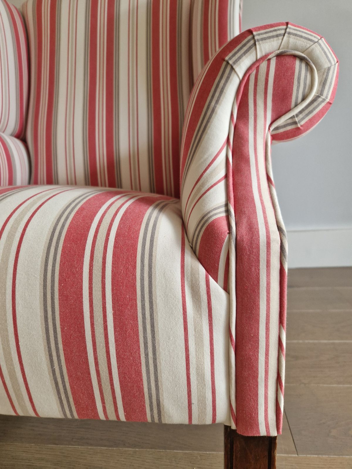 Exquisite Wingback Armchair In Jane Churchill Red Stripes photo vinterior