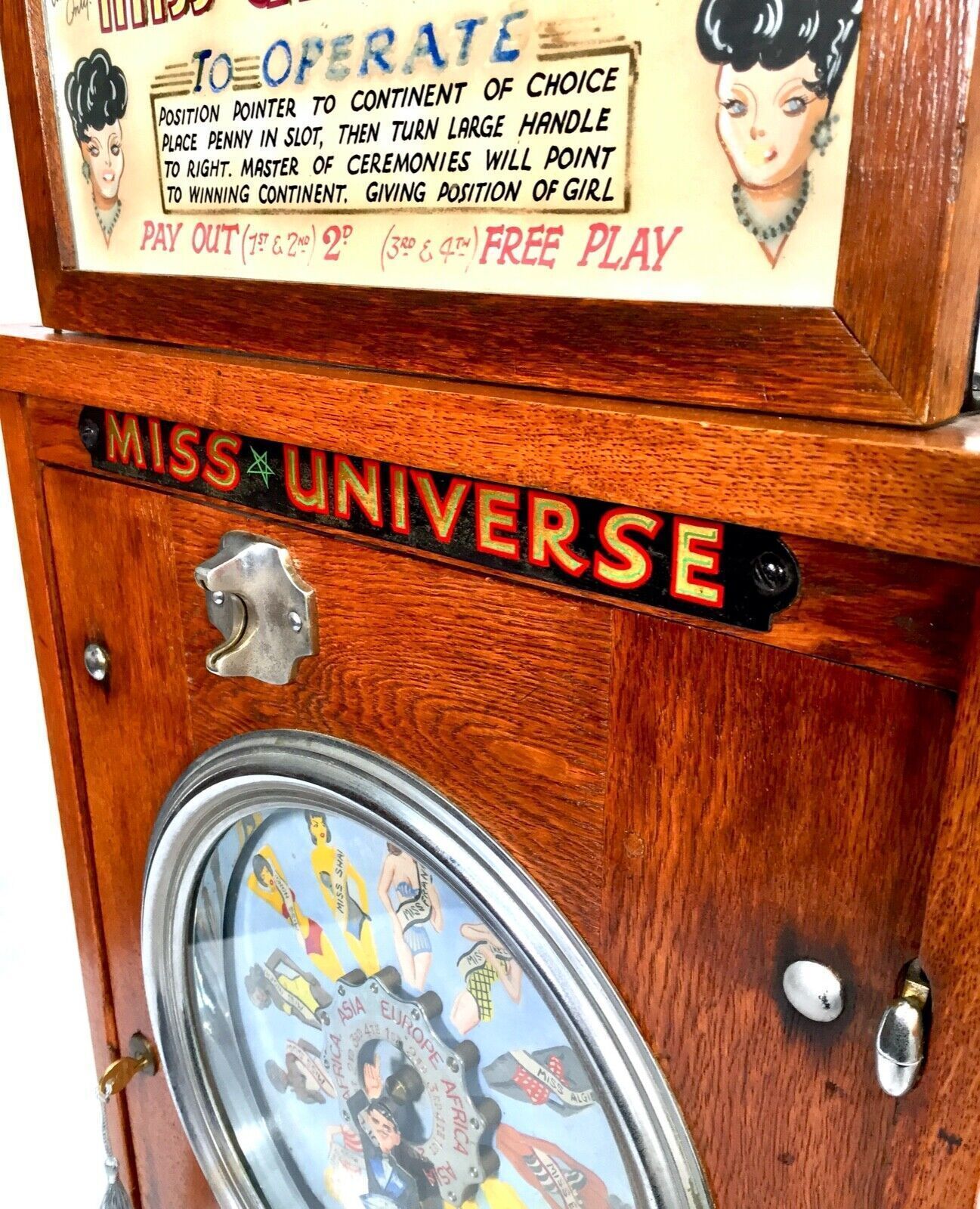 Antique Pierre Bussoz 'Miss Universe' Penny Operated Arcade Machine   Working photo vinterior