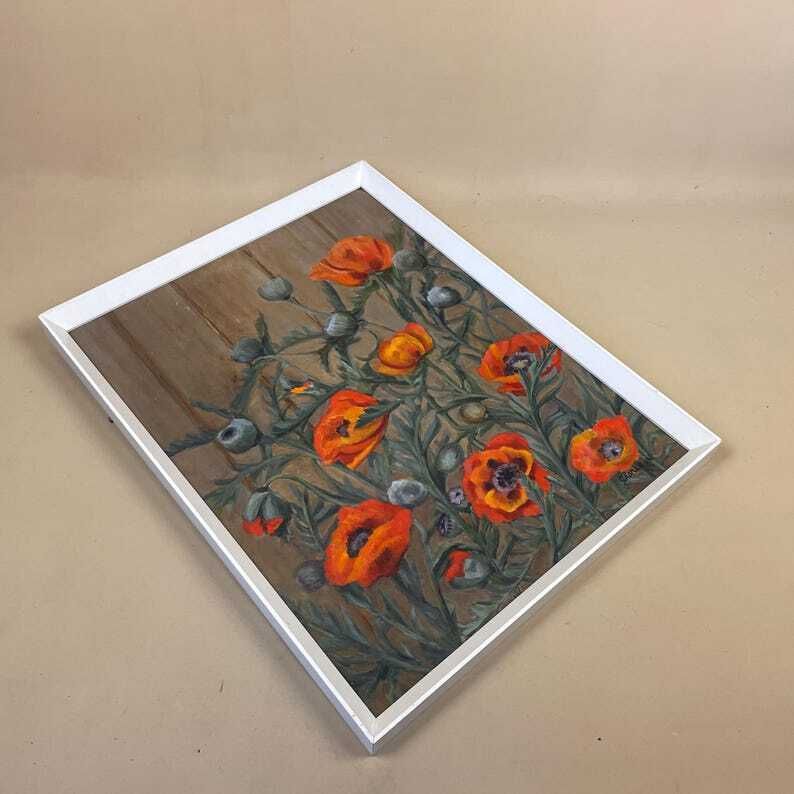 Antique Framed Floral Oil Painting Picture Vintage Flowers Wood Frame Painted Art Original Oils Oil Rectangle Portrait Spring Poppy Poppies photo buy