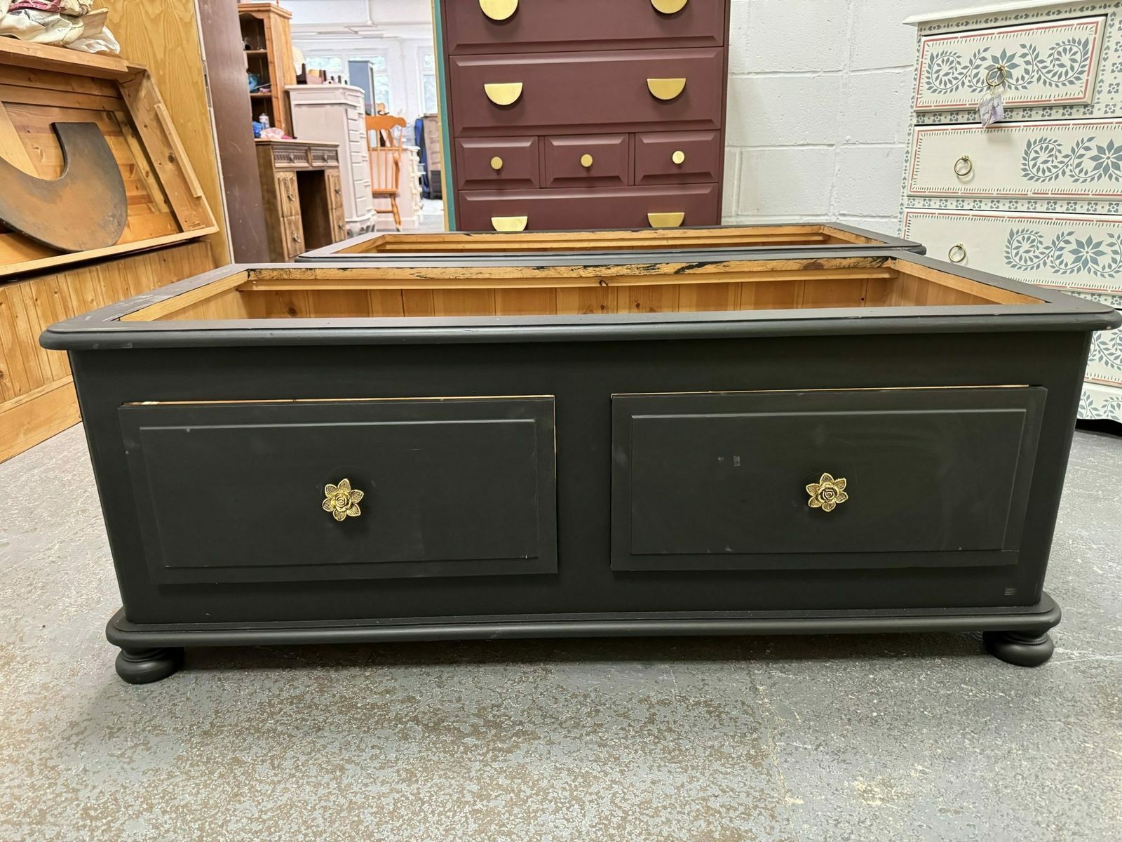 Pair Of Solid Pine Wardrobes In Black With Gold Floral Lace Detail On Base With Drawers photo Furniture