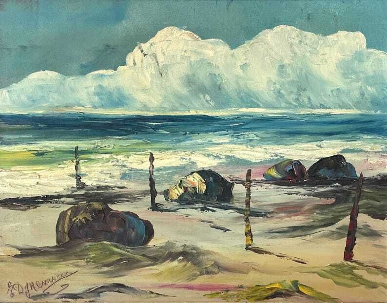 Vintage Mid Century Signed Landscape Oil Painting From Denmark With Abstract Ocean View Motive In A Wooden Frame photo furniture