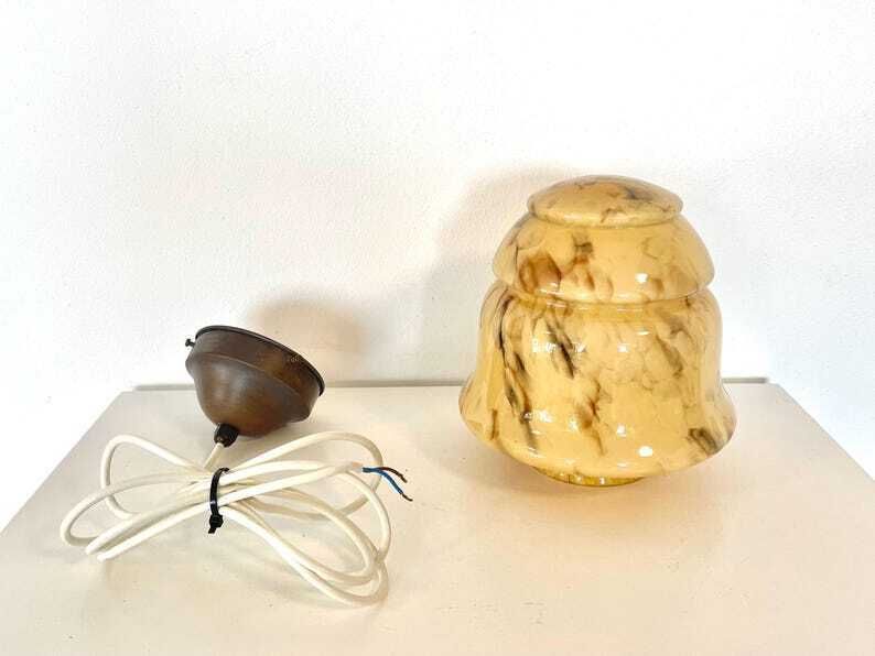 photo for sale Antique Art Deco Marbled Glass Ceiling Lamp In Organic Shape With Stunning Design Shade And Beautiful Details
