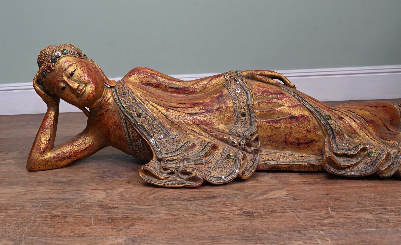 Burmese Reclining Buddha Statue Vintage Mandalay Buddhist 1930 photo furniture