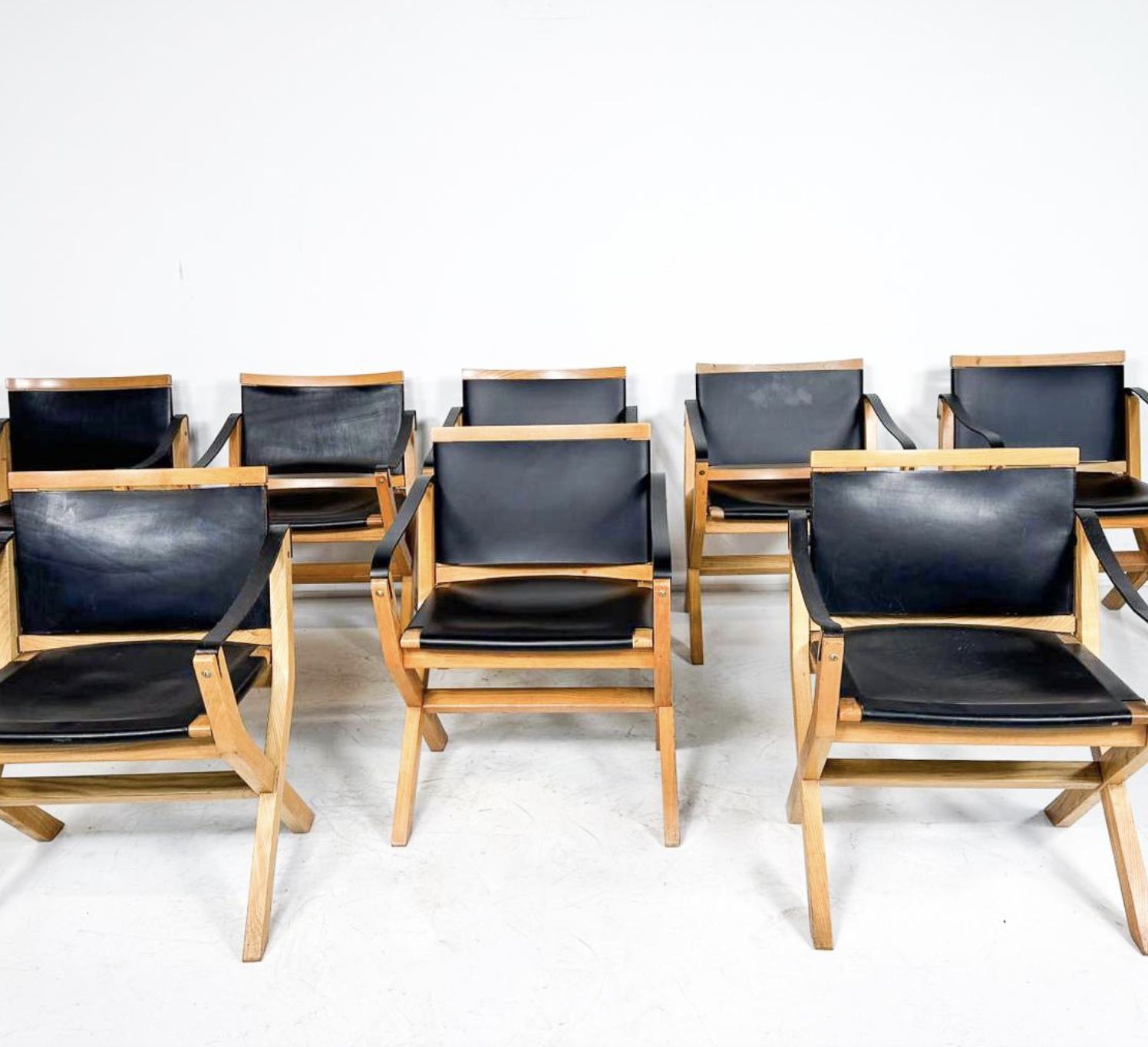 Mid Century Set Of 8 Kiu Armchairs By Luxoritalia, Ash Wood And Leather photo for sale