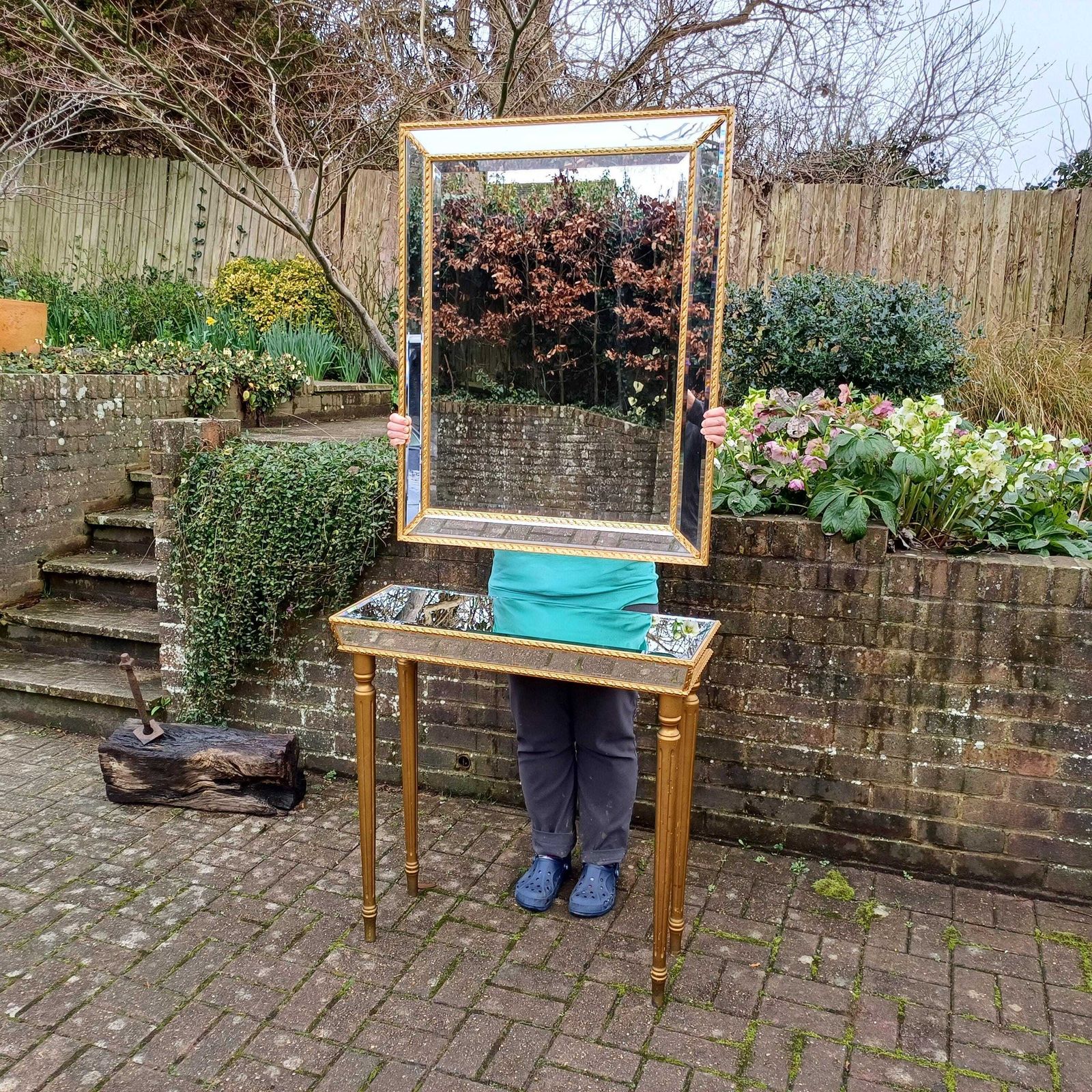 Vintage Glamorous 1980s Retro Bevelled Mirror And Gold Side Console Table And Accompanying Original Mirror